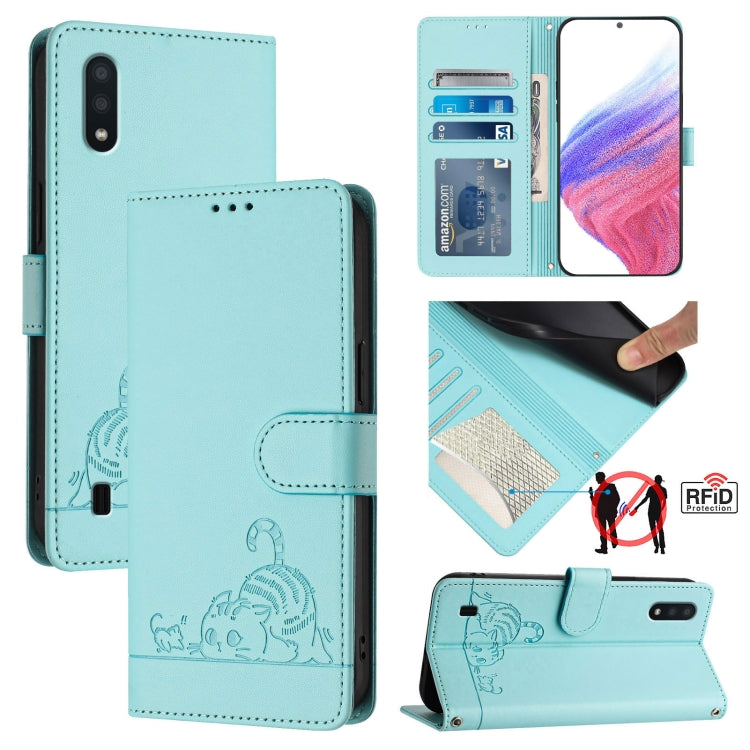 Cat Rat Embossed Pattern RFID Leather Phone Case with Lanyard, For Samsung Galaxy A40, For Samsung Galaxy A10/M10 EU Version