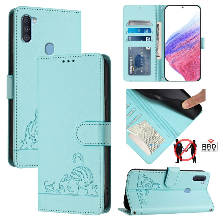 Cat Rat Embossed Pattern RFID Leather Phone Case with Lanyard, For Samsung Galaxy A21s, For Samsung Galaxy A51 5G, For Samsung Galaxy A71 5G, For Samsung Galaxy A31 EU Version, For Samsung Galaxy A11 EU Version, For Samsung Galaxy A21 EU Version       ...