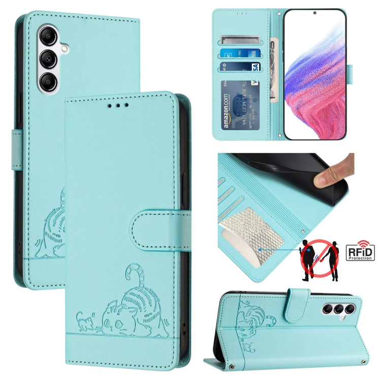 Cat Rat Embossed Pattern RFID Leather Phone Case with Lanyard, For Samsung Galaxy A14 5G/4G, For Samsung Galaxy A34 5G, For Samsung Galaxy A54 5G, For Samsung Galaxy A04 4G/M13 5G, For Samsung Galaxy A13 5G/A13 4G/A04s, For Samsung Galaxy F23 5G/M13 4G...
