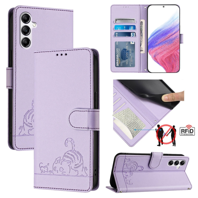 Cat Rat Embossed Pattern RFID Leather Phone Case with Lanyard, For Samsung Galaxy A14 5G/4G, For Samsung Galaxy A34 5G, For Samsung Galaxy A54 5G, For Samsung Galaxy A04 4G/M13 5G, For Samsung Galaxy A13 5G/A13 4G/A04s, For Samsung Galaxy F23 5G/M13 4G...