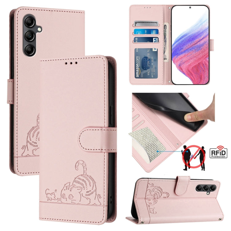 Cat Rat Embossed Pattern RFID Leather Phone Case with Lanyard, For Samsung Galaxy M55, For Samsung Galaxy M15 5G Global, For Samsung Galaxy F15 5G Global, For Samsung Galaxy A15 5G/4G, For Samsung Galaxy A55 5G, For Samsung Galaxy A35 5G               ...