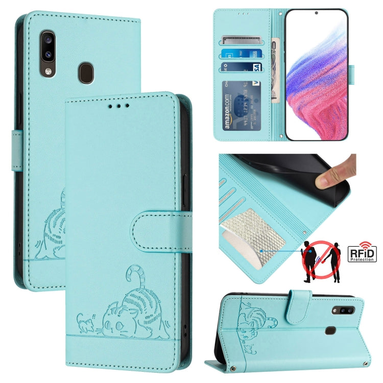 Cat Rat Embossed Pattern RFID Leather Phone Case with Lanyard, For Samsung Galaxy A81/Note10 Lite/M60s, For Samsung Galaxy A71 4G, For Samsung Galaxy A51 4G/M40s, For Samsung Galaxy A70/A70s, For Samsung Galaxy A20/A30/M10s                             ...
