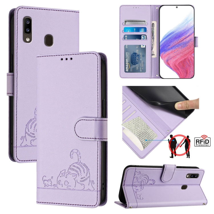 Cat Rat Embossed Pattern RFID Leather Phone Case with Lanyard, For Samsung Galaxy A81/Note10 Lite/M60s, For Samsung Galaxy A71 4G, For Samsung Galaxy A51 4G/M40s, For Samsung Galaxy A70/A70s, For Samsung Galaxy A20/A30/M10s                             ...