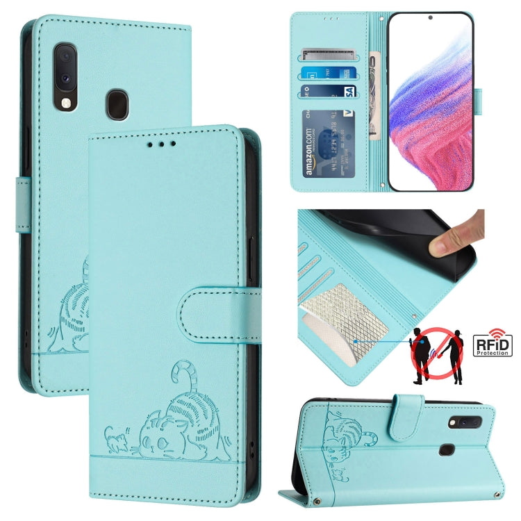 Cat Rat Embossed Pattern RFID Leather Phone Case with Lanyard, For Samsung Galaxy A81/Note10 Lite/M60s, For Samsung Galaxy A71 4G, For Samsung Galaxy A51 4G/M40s, For Samsung Galaxy A70/A70s, For Samsung Galaxy A20/A30/M10s                             ...