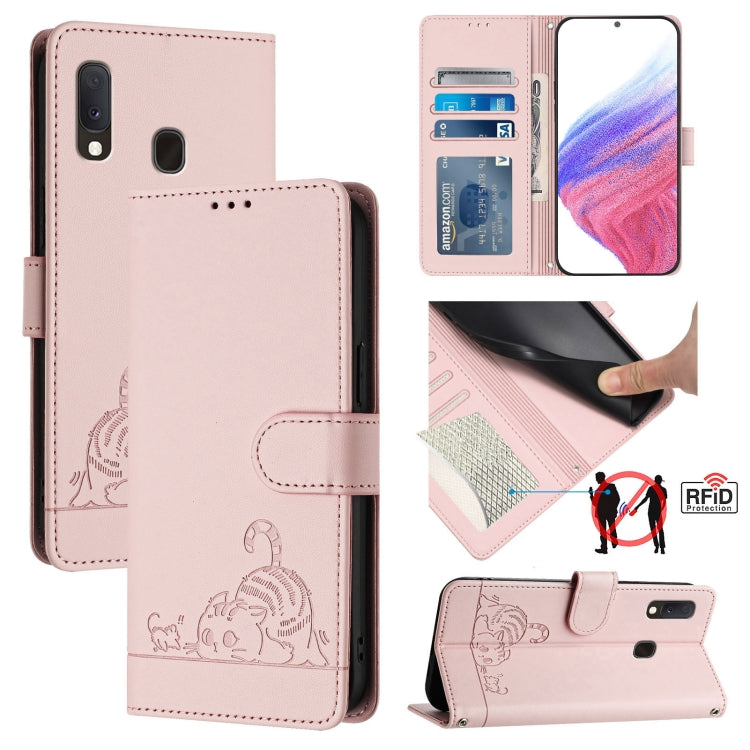 Cat Rat Embossed Pattern RFID Leather Phone Case with Lanyard, For Samsung Galaxy A81/Note10 Lite/M60s, For Samsung Galaxy A71 4G, For Samsung Galaxy A51 4G/M40s, For Samsung Galaxy A70/A70s, For Samsung Galaxy A20/A30/M10s                             ...