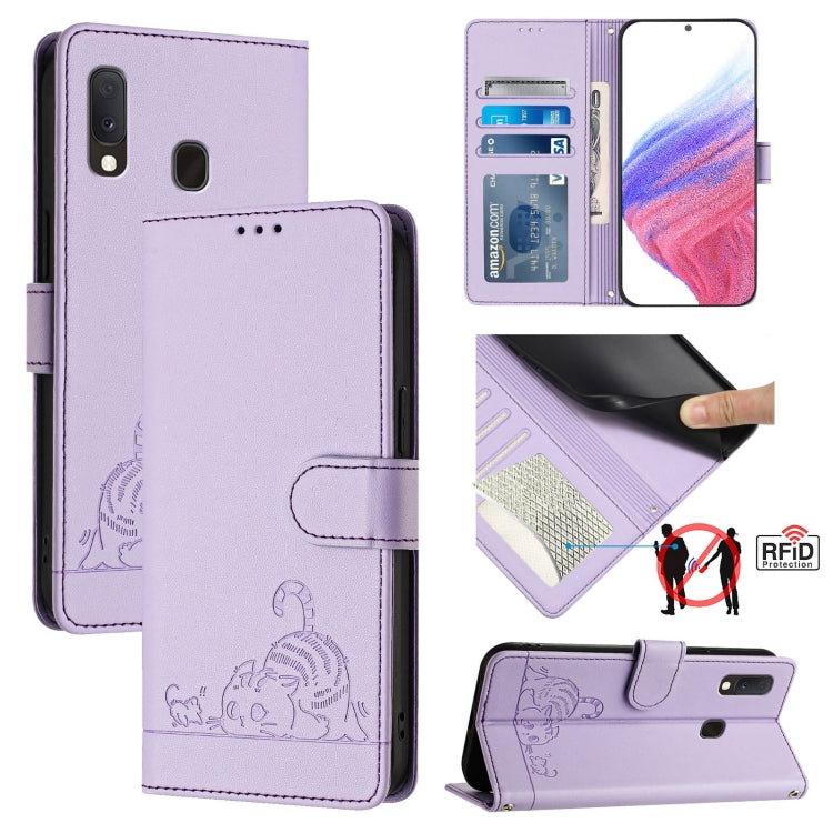Cat Rat Embossed Pattern RFID Leather Phone Case with Lanyard, For Samsung Galaxy A81/Note10 Lite/M60s, For Samsung Galaxy A71 4G, For Samsung Galaxy A51 4G/M40s, For Samsung Galaxy A70/A70s, For Samsung Galaxy A20/A30/M10s                             ...