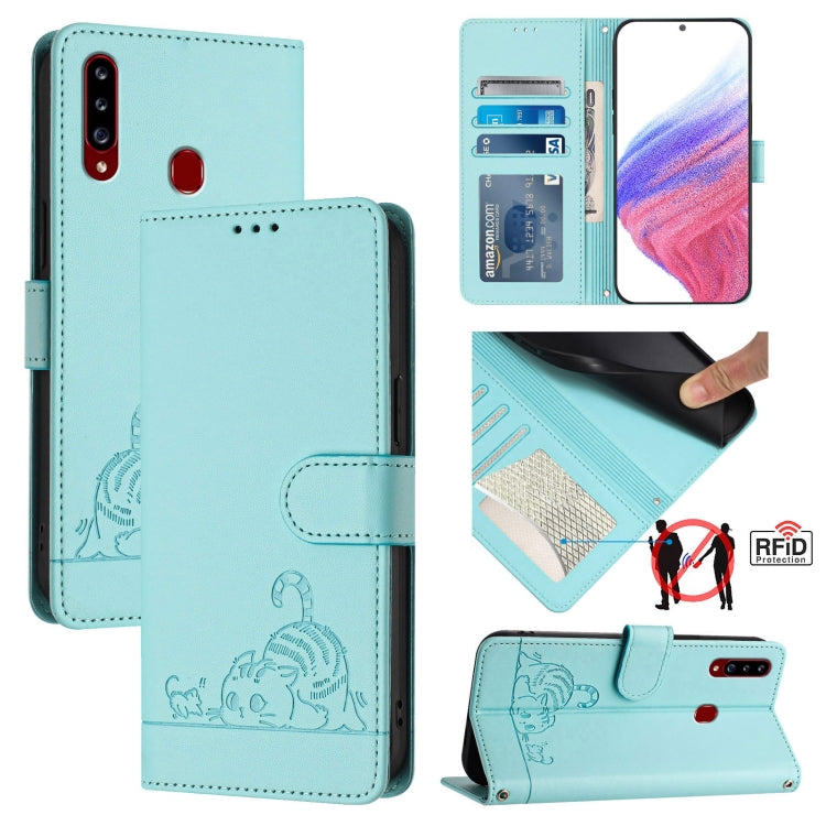 Cat Rat Embossed Pattern RFID Leather Phone Case with Lanyard, For Samsung Galaxy A81/Note10 Lite/M60s, For Samsung Galaxy A71 4G, For Samsung Galaxy A51 4G/M40s, For Samsung Galaxy A70/A70s, For Samsung Galaxy A20/A30/M10s                             ...