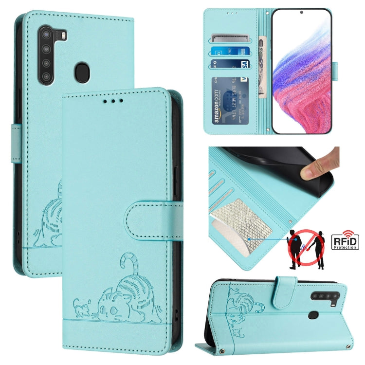 Cat Rat Embossed Pattern RFID Leather Phone Case with Lanyard, For Samsung Galaxy A21s, For Samsung Galaxy A51 5G, For Samsung Galaxy A71 5G, For Samsung Galaxy A31 EU Version, For Samsung Galaxy A11 EU Version, For Samsung Galaxy A21 EU Version       ...
