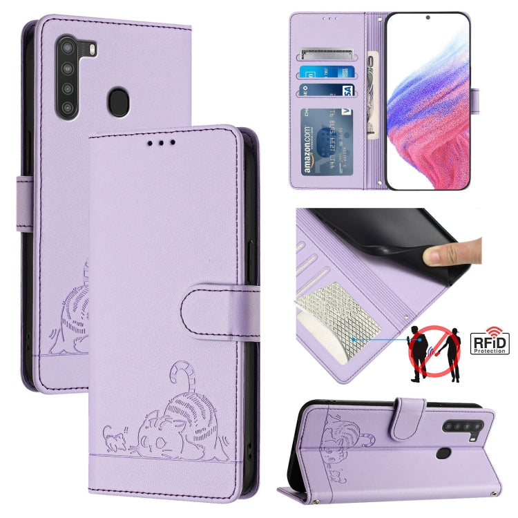 Cat Rat Embossed Pattern RFID Leather Phone Case with Lanyard, For Samsung Galaxy A21s, For Samsung Galaxy A51 5G, For Samsung Galaxy A71 5G, For Samsung Galaxy A31 EU Version, For Samsung Galaxy A11 EU Version, For Samsung Galaxy A21 EU Version       ...