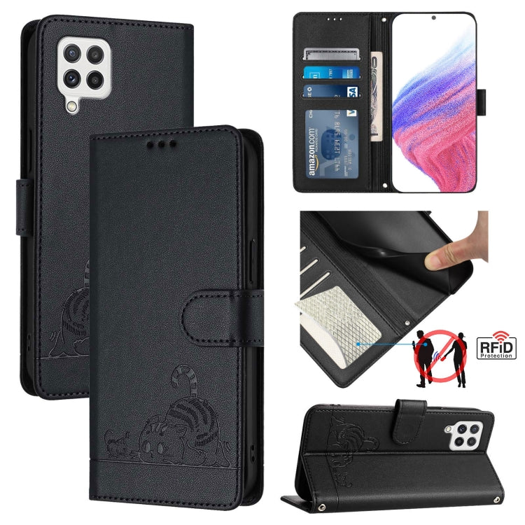 Cat Rat Embossed Pattern RFID Leather Phone Case with Lanyard, For Samsung Galaxy A32 5G/M32 5G, For Samsung Galaxy A52 4G/5G/A52s 5G, For Samsung Galaxy A03s 164mm, For Samsung Galaxy A03s 166mm, For Samsung Galaxy A03s 165.8mm US Version             ...