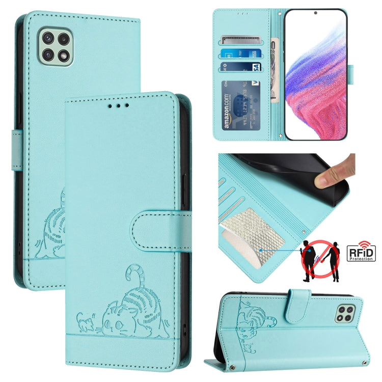 Cat Rat Embossed Pattern RFID Leather Phone Case with Lanyard, For Samsung Galaxy A14 5G/4G, For Samsung Galaxy A34 5G, For Samsung Galaxy A54 5G, For Samsung Galaxy A04 4G/M13 5G, For Samsung Galaxy A13 5G/A13 4G/A04s, For Samsung Galaxy F23 5G/M13 4G...