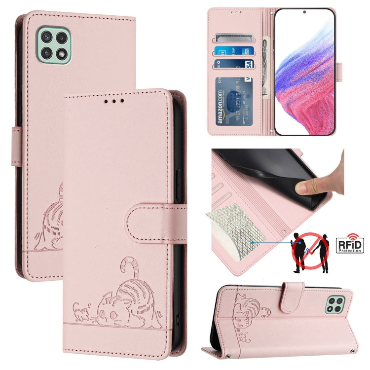 Cat Rat Embossed Pattern RFID Leather Phone Case with Lanyard, For Samsung Galaxy A14 5G/4G, For Samsung Galaxy A34 5G, For Samsung Galaxy A54 5G, For Samsung Galaxy A04 4G/M13 5G, For Samsung Galaxy A13 5G/A13 4G/A04s, For Samsung Galaxy F23 5G/M13 4G...