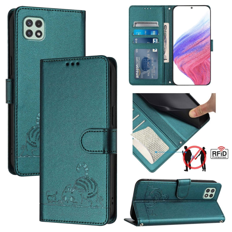 Cat Rat Embossed Pattern RFID Leather Phone Case with Lanyard, For Samsung Galaxy A14 5G/4G, For Samsung Galaxy A34 5G, For Samsung Galaxy A54 5G, For Samsung Galaxy A04 4G/M13 5G, For Samsung Galaxy A13 5G/A13 4G/A04s, For Samsung Galaxy F23 5G/M13 4G...