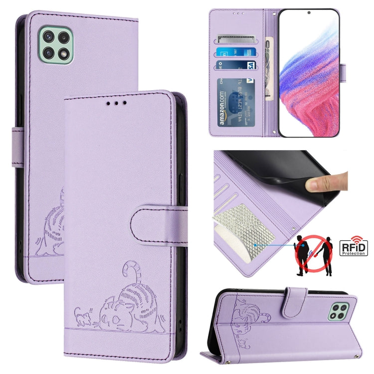 Cat Rat Embossed Pattern RFID Leather Phone Case with Lanyard, For Samsung Galaxy A14 5G/4G, For Samsung Galaxy A34 5G, For Samsung Galaxy A54 5G, For Samsung Galaxy A04 4G/M13 5G, For Samsung Galaxy A13 5G/A13 4G/A04s, For Samsung Galaxy F23 5G/M13 4G...