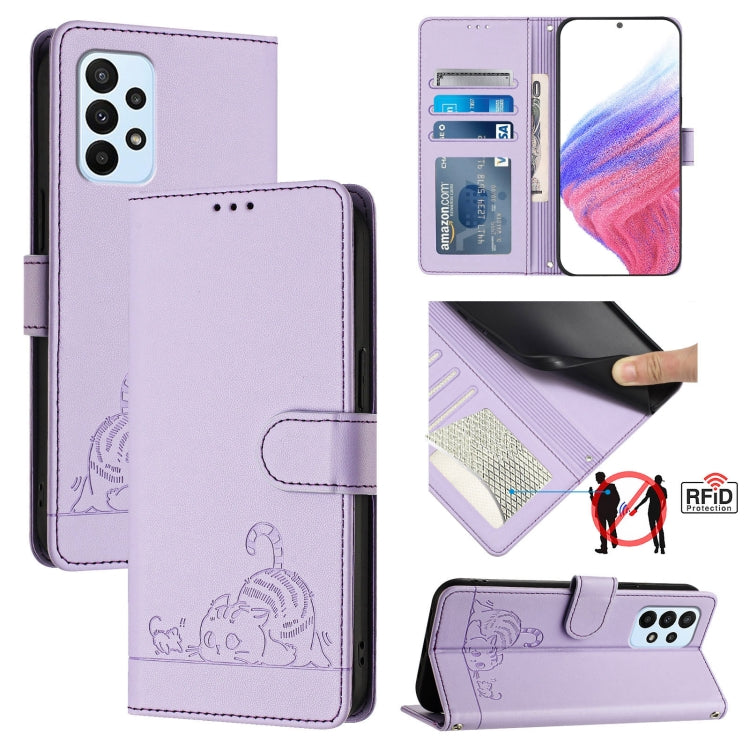 Cat Rat Embossed Pattern RFID Leather Phone Case with Lanyard, For Samsung Galaxy M34 5G/F34 5G, For Samsung Galaxy A25 5G Global, For Samsung Galaxy M54 5G Global/F54 5G, For Samsung Galaxy M14 5G Global, For Samsung Galaxy A24 4G                     ...