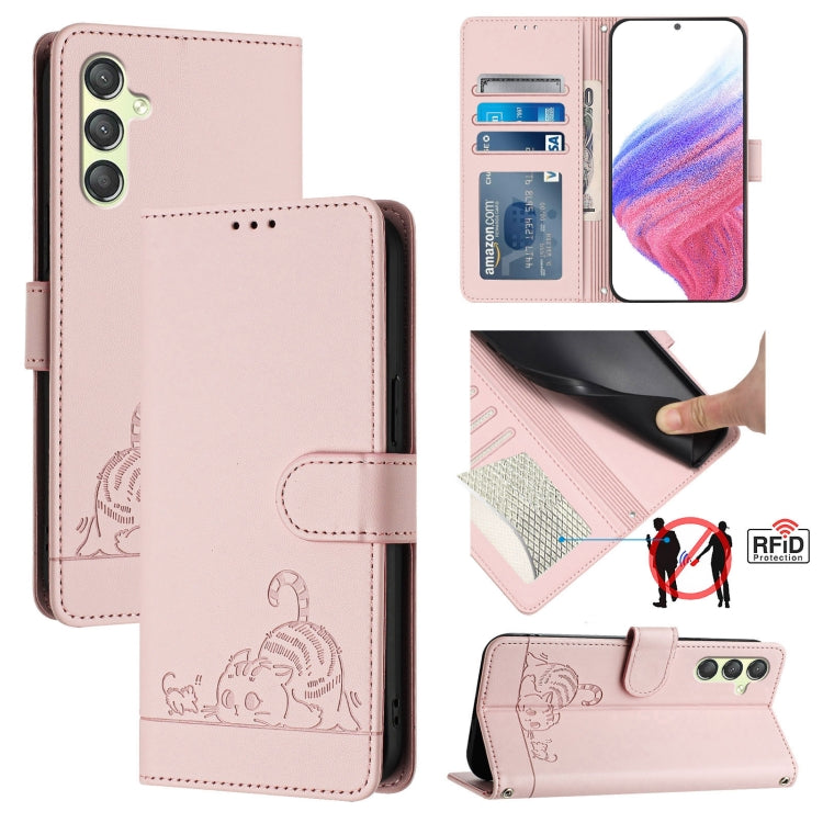 Cat Rat Embossed Pattern RFID Leather Phone Case with Lanyard, For Samsung Galaxy M34 5G/F34 5G, For Samsung Galaxy A25 5G Global, For Samsung Galaxy M54 5G Global/F54 5G, For Samsung Galaxy M14 5G Global, For Samsung Galaxy A24 4G                     ...