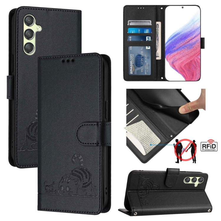 Cat Rat Embossed Pattern RFID Leather Phone Case with Lanyard, For Samsung Galaxy M34 5G/F34 5G, For Samsung Galaxy A25 5G Global, For Samsung Galaxy M54 5G Global/F54 5G, For Samsung Galaxy M14 5G Global, For Samsung Galaxy A24 4G                     ...