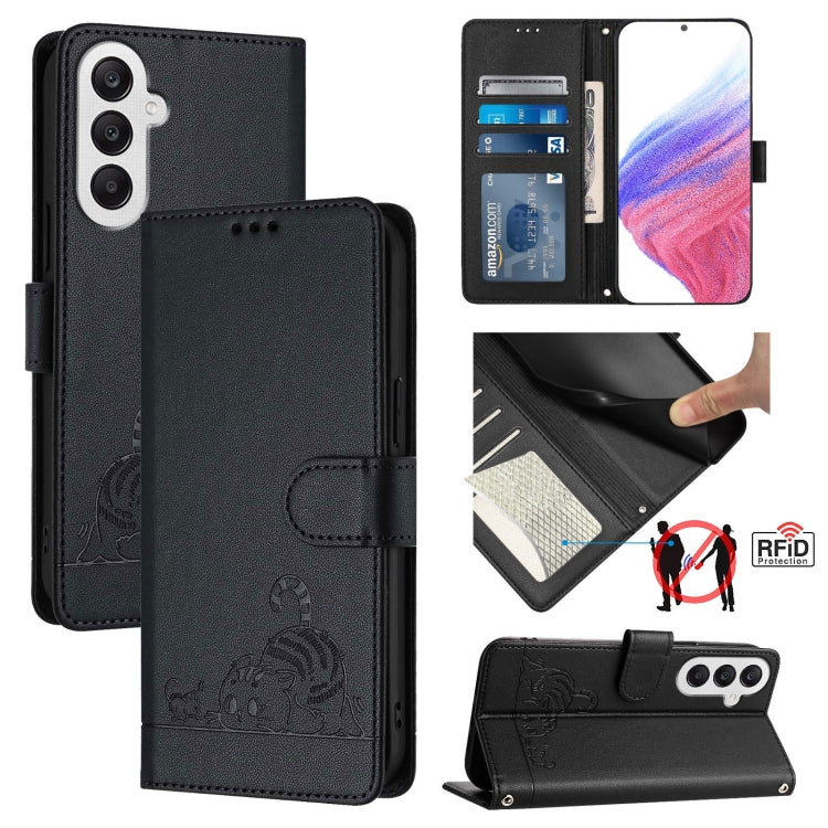Cat Rat Embossed Pattern RFID Leather Phone Case with Lanyard, For Samsung Galaxy M34 5G/F34 5G, For Samsung Galaxy A25 5G Global, For Samsung Galaxy M54 5G Global/F54 5G, For Samsung Galaxy M14 5G Global, For Samsung Galaxy A24 4G                     ...