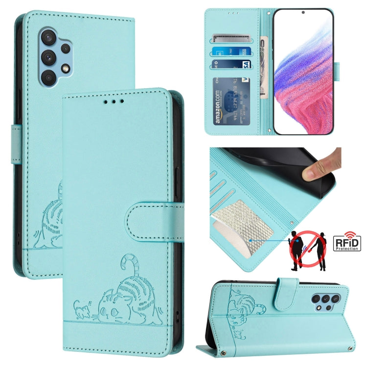 Cat Rat Embossed Pattern RFID Leather Phone Case with Lanyard, For Samsung Galaxy M62, For Samsung Galaxy A32 4G, For Samsung Galaxy A02/M02, For Samsung Galaxy A72 4G, For Samsung Galaxy A12/M12, For Samsung Galaxy A02s 164mm                          ...