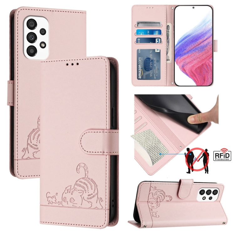 Cat Rat Embossed Pattern RFID Leather Phone Case with Lanyard, For Samsung Galaxy M33 5G Global, For Samsung Galaxy A53 5G, For Samsung Galaxy A73 5G, For Samsung Galaxy A33 5G, For Samsung Galaxy A03 164mm, For Samsung Galaxy A03 166mm                ...