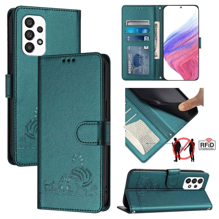 Cat Rat Embossed Pattern RFID Leather Phone Case with Lanyard, For Samsung Galaxy M33 5G Global, For Samsung Galaxy A53 5G, For Samsung Galaxy A73 5G, For Samsung Galaxy A33 5G, For Samsung Galaxy A03 164mm, For Samsung Galaxy A03 166mm                ...