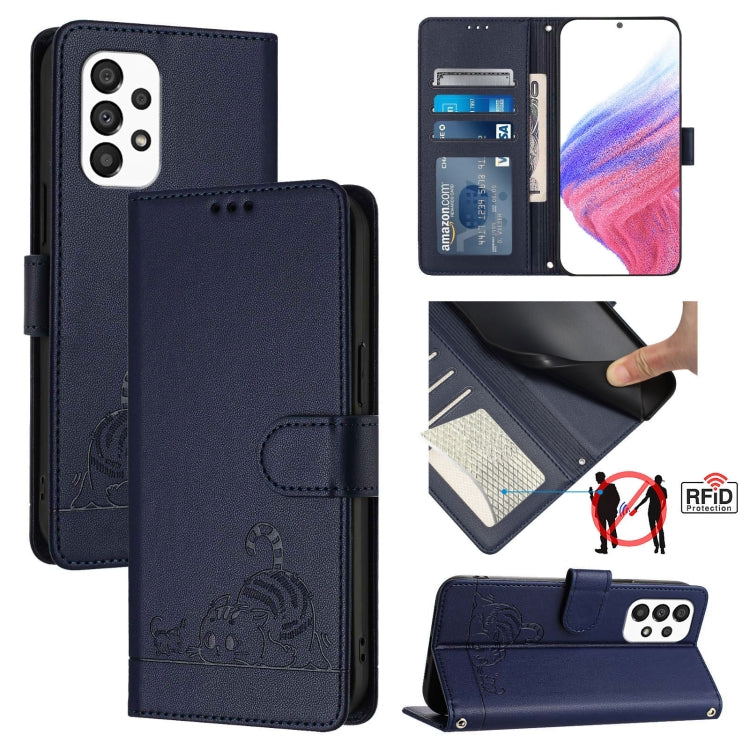 Cat Rat Embossed Pattern RFID Leather Phone Case with Lanyard, For Samsung Galaxy M33 5G Global, For Samsung Galaxy A53 5G, For Samsung Galaxy A73 5G, For Samsung Galaxy A33 5G, For Samsung Galaxy A03 164mm, For Samsung Galaxy A03 166mm                ...