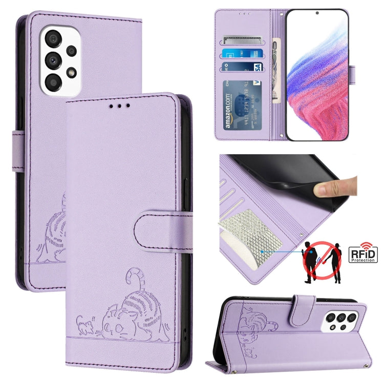 Cat Rat Embossed Pattern RFID Leather Phone Case with Lanyard, For Samsung Galaxy M33 5G Global, For Samsung Galaxy A53 5G, For Samsung Galaxy A73 5G, For Samsung Galaxy A33 5G, For Samsung Galaxy A03 164mm, For Samsung Galaxy A03 166mm                ...