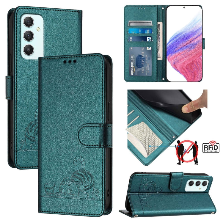 Cat Rat Embossed Pattern RFID Leather Phone Case with Lanyard, For Samsung Galaxy M55, For Samsung Galaxy M15 5G Global, For Samsung Galaxy F15 5G Global, For Samsung Galaxy A15 5G/4G, For Samsung Galaxy A55 5G, For Samsung Galaxy A35 5G               ...