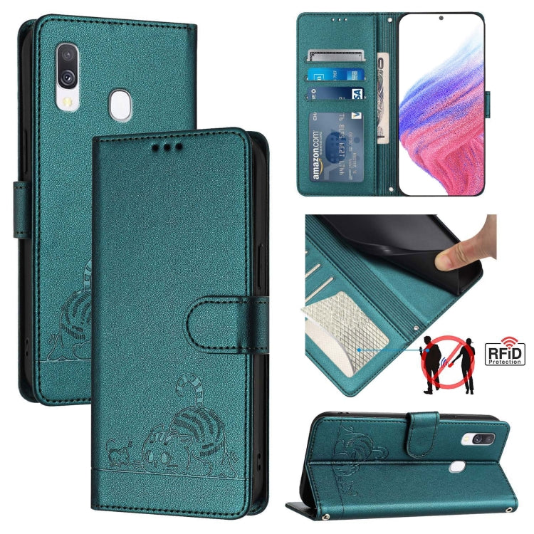 Cat Rat Embossed Pattern RFID Leather Phone Case with Lanyard, For Samsung Galaxy A40, For Samsung Galaxy A10/M10 EU Version