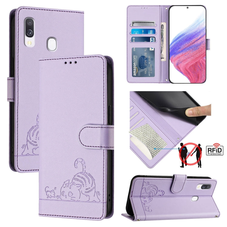 Cat Rat Embossed Pattern RFID Leather Phone Case with Lanyard, For Samsung Galaxy A40, For Samsung Galaxy A10/M10 EU Version