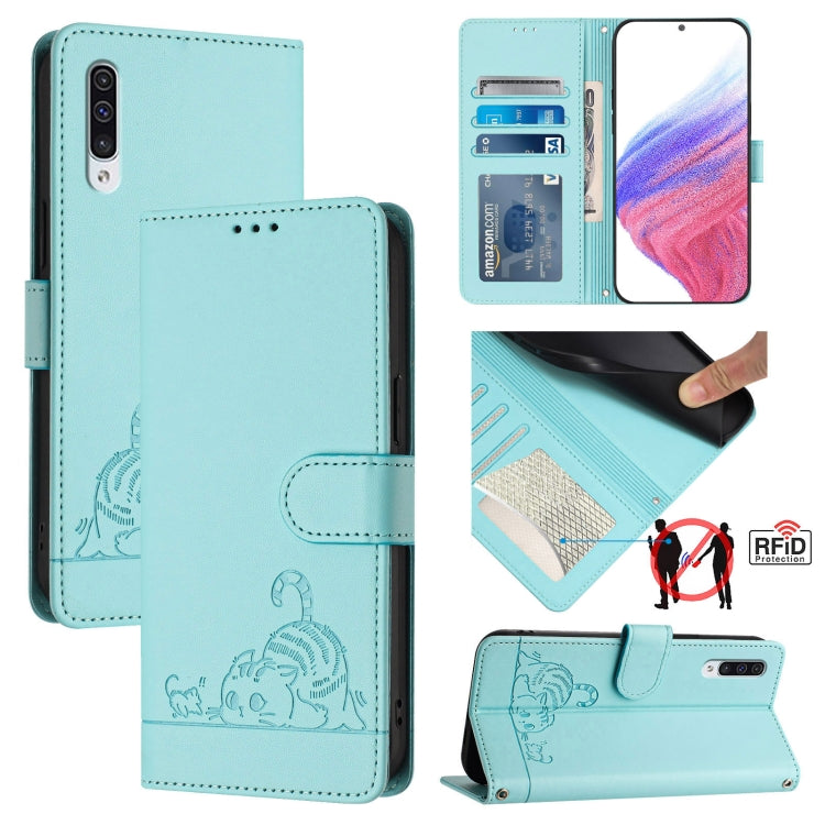 Cat Rat Embossed Pattern RFID Leather Phone Case with Lanyard, For Samsung Galaxy A81/Note10 Lite/M60s, For Samsung Galaxy A71 4G, For Samsung Galaxy A51 4G/M40s, For Samsung Galaxy A70/A70s, For Samsung Galaxy A20/A30/M10s                             ...