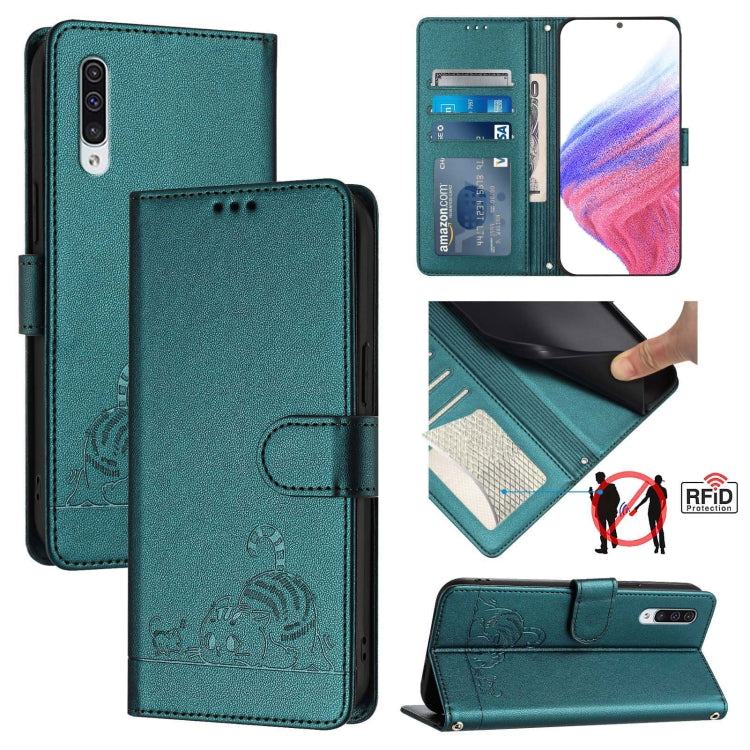 Cat Rat Embossed Pattern RFID Leather Phone Case with Lanyard, For Samsung Galaxy A81/Note10 Lite/M60s, For Samsung Galaxy A71 4G, For Samsung Galaxy A51 4G/M40s, For Samsung Galaxy A70/A70s, For Samsung Galaxy A20/A30/M10s                             ...