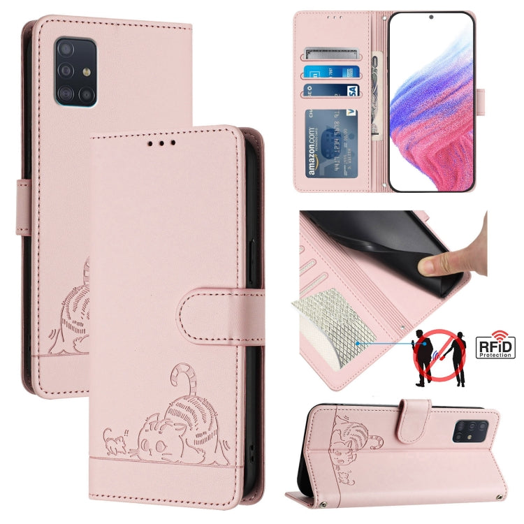 Cat Rat Embossed Pattern RFID Leather Phone Case with Lanyard, For Samsung Galaxy A21s, For Samsung Galaxy A51 5G, For Samsung Galaxy A71 5G, For Samsung Galaxy A31 EU Version, For Samsung Galaxy A11 EU Version, For Samsung Galaxy A21 EU Version       ...