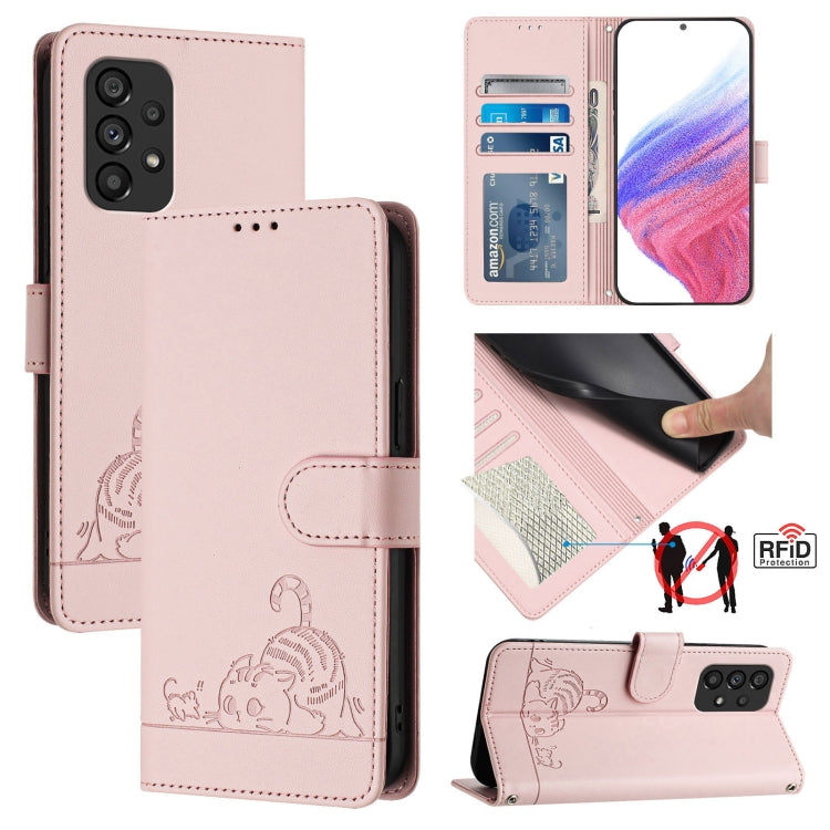 Cat Rat Embossed Pattern RFID Leather Phone Case with Lanyard, For Samsung Galaxy M33 5G Global, For Samsung Galaxy A53 5G, For Samsung Galaxy A73 5G, For Samsung Galaxy A33 5G, For Samsung Galaxy A03 164mm, For Samsung Galaxy A03 166mm                ...