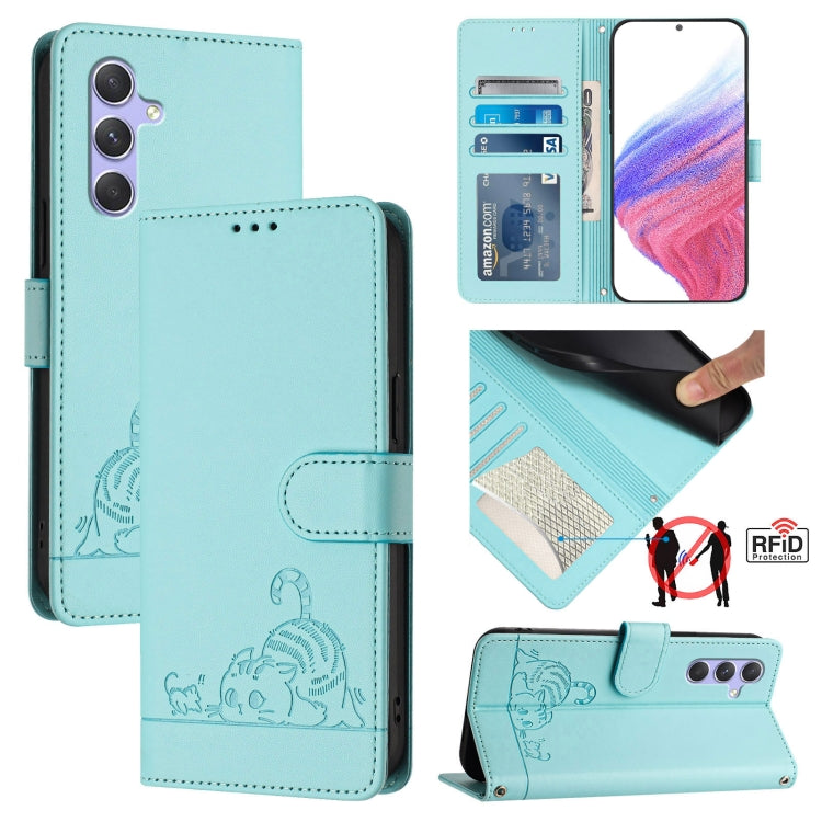 Cat Rat Embossed Pattern RFID Leather Phone Case with Lanyard, For Samsung Galaxy A14 5G/4G, For Samsung Galaxy A34 5G, For Samsung Galaxy A54 5G, For Samsung Galaxy A04 4G/M13 5G, For Samsung Galaxy A13 5G/A13 4G/A04s, For Samsung Galaxy F23 5G/M13 4G...