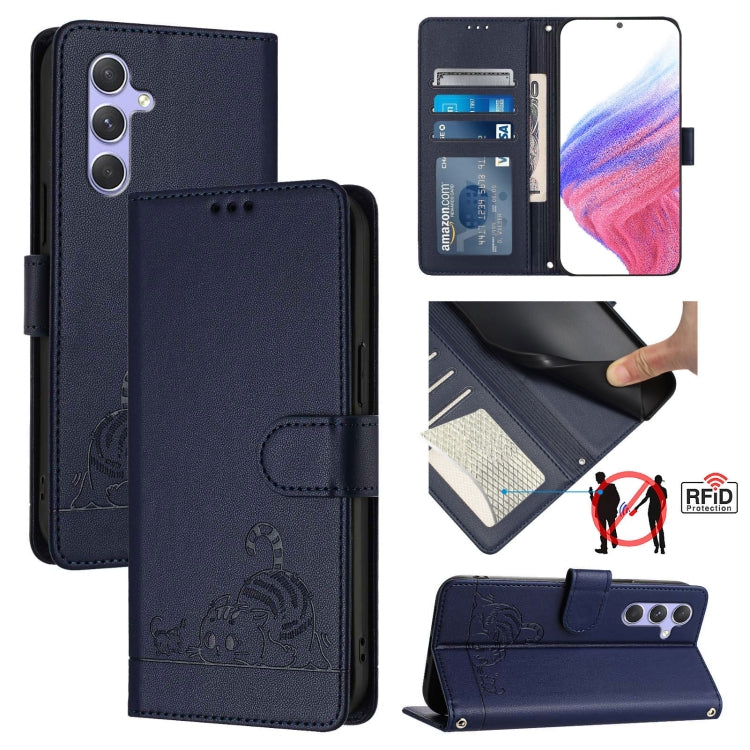 Cat Rat Embossed Pattern RFID Leather Phone Case with Lanyard, For Samsung Galaxy A14 5G/4G, For Samsung Galaxy A34 5G, For Samsung Galaxy A54 5G, For Samsung Galaxy A04 4G/M13 5G, For Samsung Galaxy A13 5G/A13 4G/A04s, For Samsung Galaxy F23 5G/M13 4G...