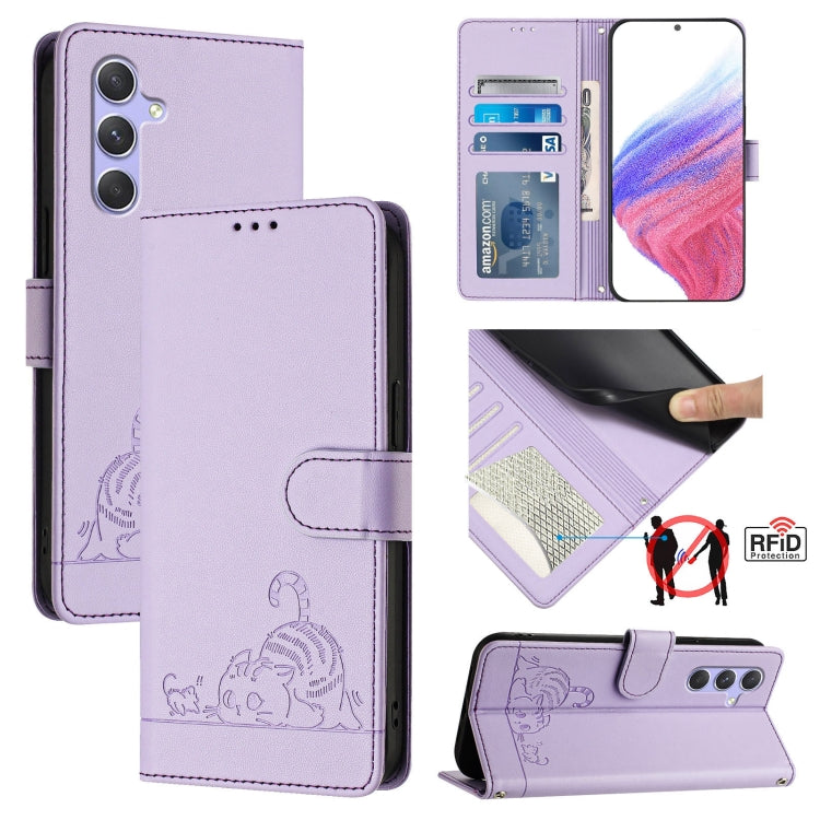 Cat Rat Embossed Pattern RFID Leather Phone Case with Lanyard, For Samsung Galaxy A14 5G/4G, For Samsung Galaxy A34 5G, For Samsung Galaxy A54 5G, For Samsung Galaxy A04 4G/M13 5G, For Samsung Galaxy A13 5G/A13 4G/A04s, For Samsung Galaxy F23 5G/M13 4G...