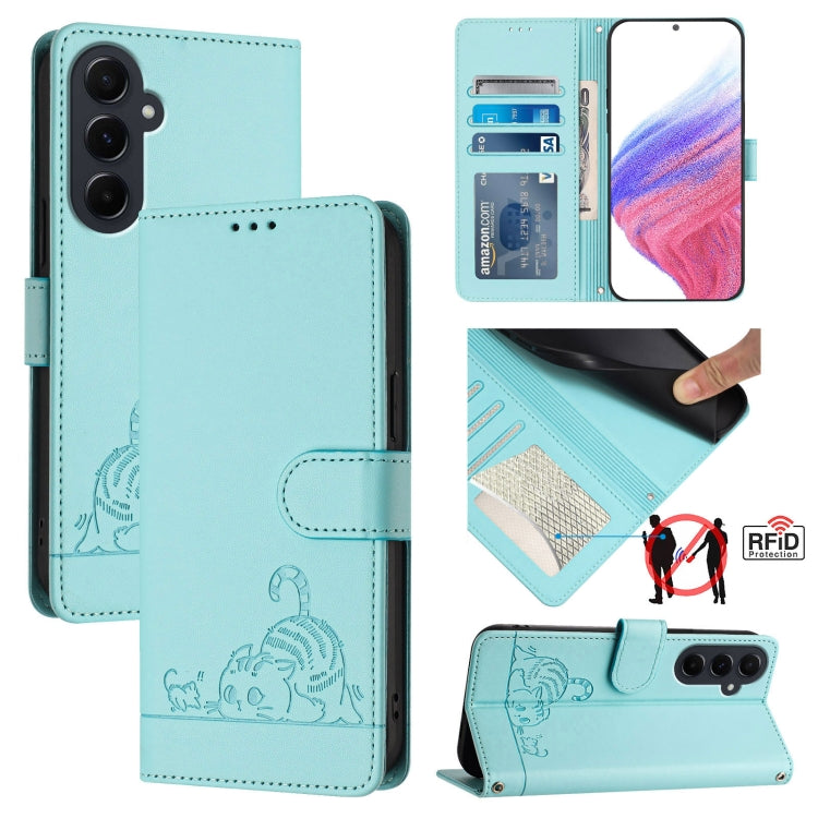 Cat Rat Embossed Pattern RFID Leather Phone Case with Lanyard, For Samsung Galaxy M55, For Samsung Galaxy M15 5G Global, For Samsung Galaxy F15 5G Global, For Samsung Galaxy A15 5G/4G, For Samsung Galaxy A55 5G, For Samsung Galaxy A35 5G               ...
