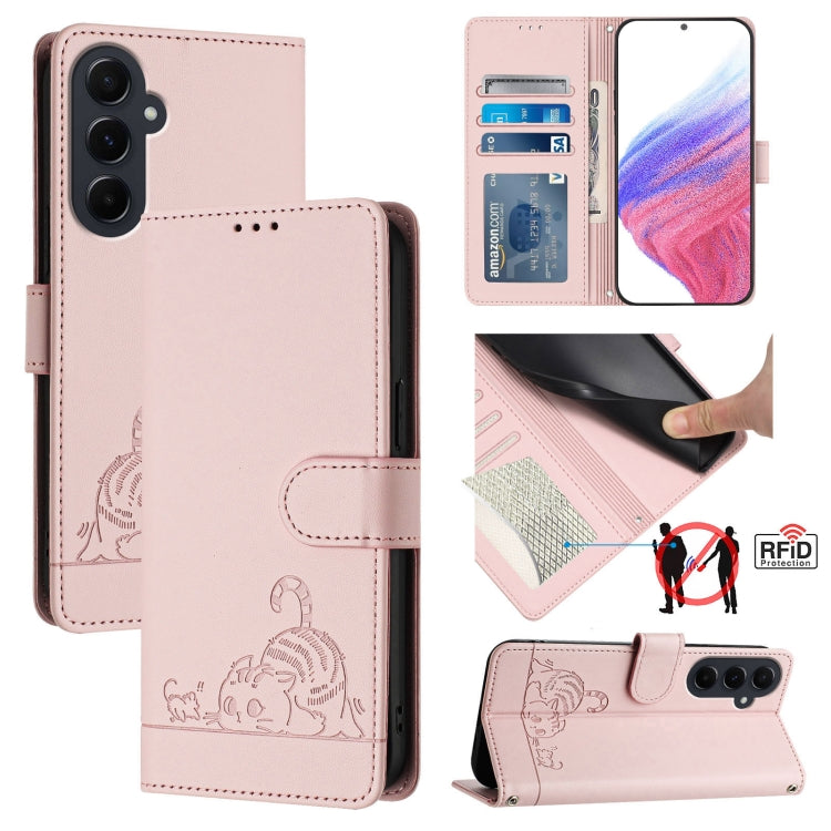 Cat Rat Embossed Pattern RFID Leather Phone Case with Lanyard, For Samsung Galaxy M55, For Samsung Galaxy M15 5G Global, For Samsung Galaxy F15 5G Global, For Samsung Galaxy A15 5G/4G, For Samsung Galaxy A55 5G, For Samsung Galaxy A35 5G               ...