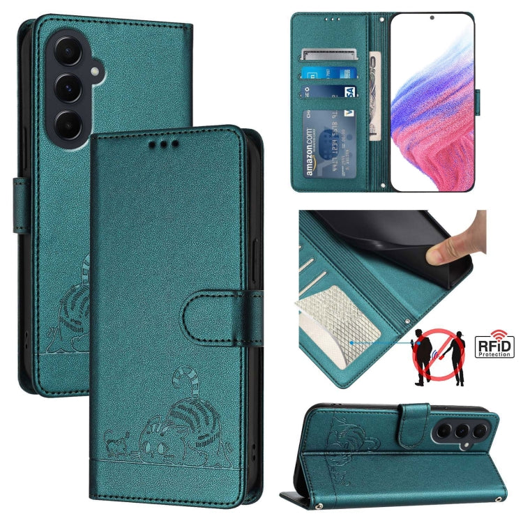 Cat Rat Embossed Pattern RFID Leather Phone Case with Lanyard, For Samsung Galaxy M55, For Samsung Galaxy M15 5G Global, For Samsung Galaxy F15 5G Global, For Samsung Galaxy A15 5G/4G, For Samsung Galaxy A55 5G, For Samsung Galaxy A35 5G               ...