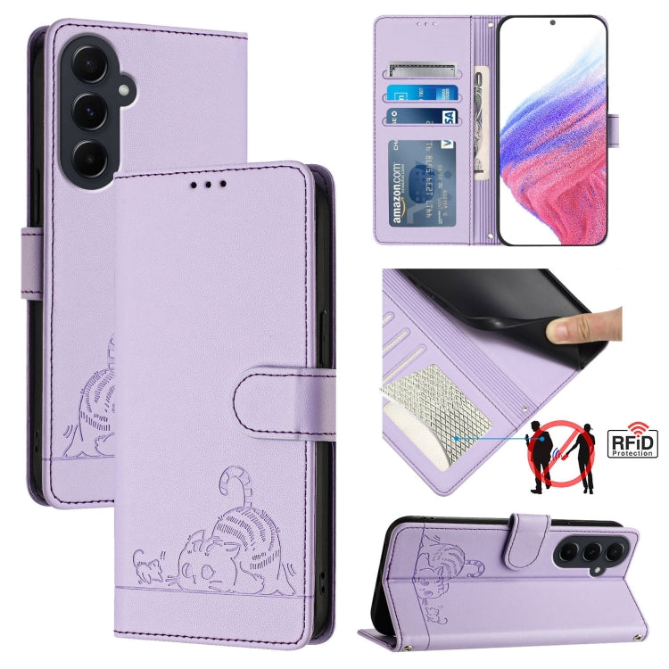 Cat Rat Embossed Pattern RFID Leather Phone Case with Lanyard, For Samsung Galaxy M55, For Samsung Galaxy M15 5G Global, For Samsung Galaxy F15 5G Global, For Samsung Galaxy A15 5G/4G, For Samsung Galaxy A55 5G, For Samsung Galaxy A35 5G               ...