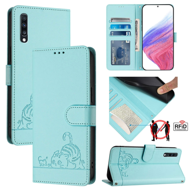 Cat Rat Embossed Pattern RFID Leather Phone Case with Lanyard, For Samsung Galaxy A81/Note10 Lite/M60s, For Samsung Galaxy A71 4G, For Samsung Galaxy A51 4G/M40s, For Samsung Galaxy A70/A70s, For Samsung Galaxy A20/A30/M10s                             ...