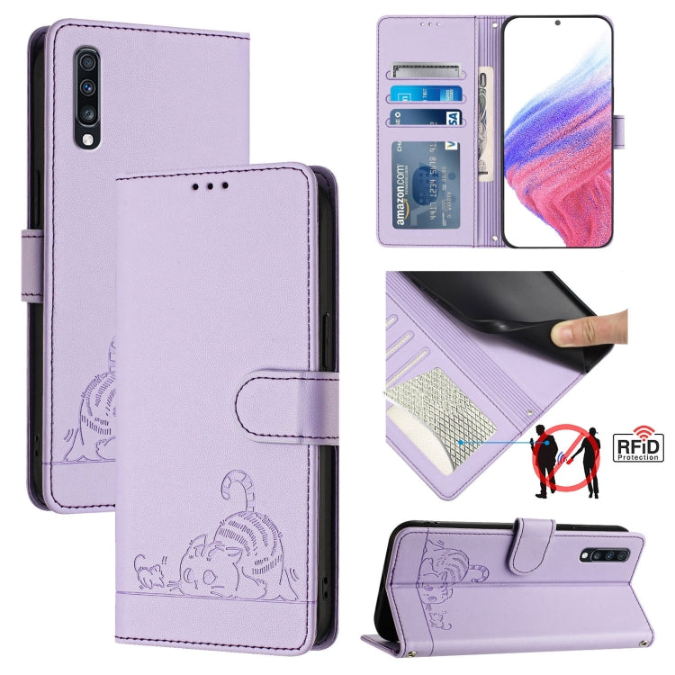 Cat Rat Embossed Pattern RFID Leather Phone Case with Lanyard, For Samsung Galaxy A81/Note10 Lite/M60s, For Samsung Galaxy A71 4G, For Samsung Galaxy A51 4G/M40s, For Samsung Galaxy A70/A70s, For Samsung Galaxy A20/A30/M10s                             ...