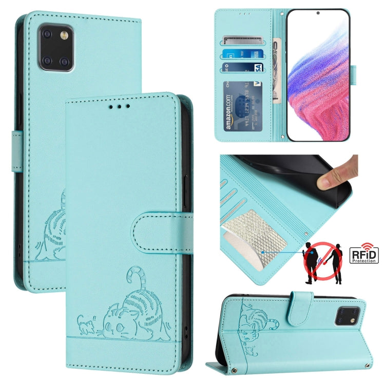 Cat Rat Embossed Pattern RFID Leather Phone Case with Lanyard, For Samsung Galaxy A81/Note10 Lite/M60s, For Samsung Galaxy A71 4G, For Samsung Galaxy A51 4G/M40s, For Samsung Galaxy A70/A70s, For Samsung Galaxy A20/A30/M10s                             ...