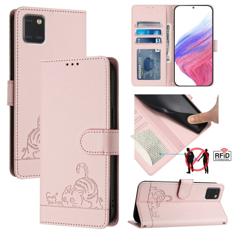 Cat Rat Embossed Pattern RFID Leather Phone Case with Lanyard, For Samsung Galaxy A81/Note10 Lite/M60s, For Samsung Galaxy A71 4G, For Samsung Galaxy A51 4G/M40s, For Samsung Galaxy A70/A70s, For Samsung Galaxy A20/A30/M10s                             ...