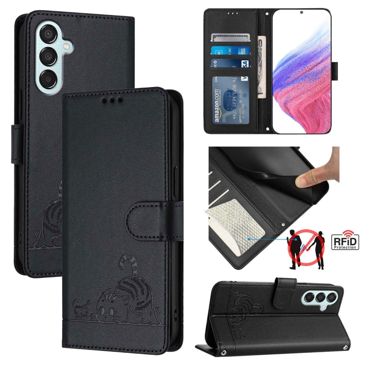 Cat Rat Embossed Pattern RFID Leather Phone Case with Lanyard, For Samsung Galaxy M55, For Samsung Galaxy M15 5G Global, For Samsung Galaxy F15 5G Global, For Samsung Galaxy A15 5G/4G, For Samsung Galaxy A55 5G, For Samsung Galaxy A35 5G               ...
