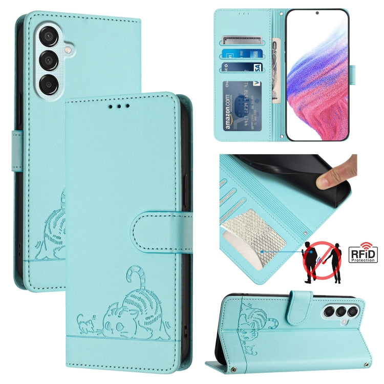 Cat Rat Embossed Pattern RFID Leather Phone Case with Lanyard, For Samsung Galaxy M55, For Samsung Galaxy M15 5G Global, For Samsung Galaxy F15 5G Global, For Samsung Galaxy A15 5G/4G, For Samsung Galaxy A55 5G, For Samsung Galaxy A35 5G               ...