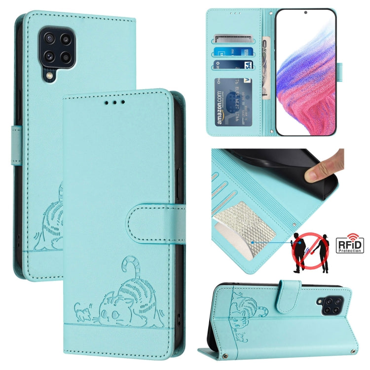 Cat Rat Embossed Pattern RFID Leather Phone Case with Lanyard, For Samsung Galaxy M33 5G Global, For Samsung Galaxy A53 5G, For Samsung Galaxy A73 5G, For Samsung Galaxy A33 5G, For Samsung Galaxy A03 164mm, For Samsung Galaxy A03 166mm                ...