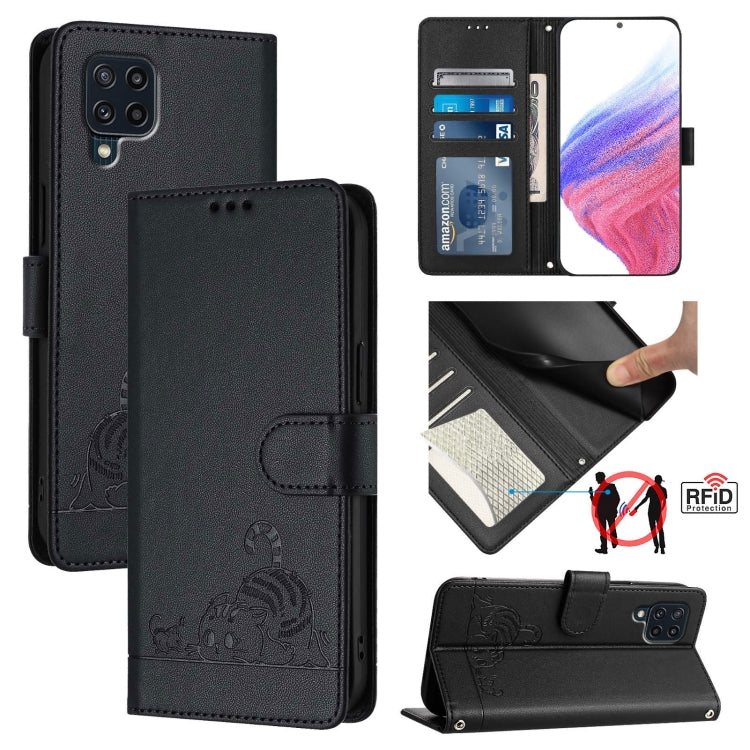 Cat Rat Embossed Pattern RFID Leather Phone Case with Lanyard, For Samsung Galaxy M33 5G Global, For Samsung Galaxy A53 5G, For Samsung Galaxy A73 5G, For Samsung Galaxy A33 5G, For Samsung Galaxy A03 164mm, For Samsung Galaxy A03 166mm                ...