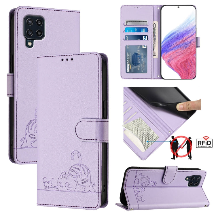 Cat Rat Embossed Pattern RFID Leather Phone Case with Lanyard, For Samsung Galaxy M33 5G Global, For Samsung Galaxy A53 5G, For Samsung Galaxy A73 5G, For Samsung Galaxy A33 5G, For Samsung Galaxy A03 164mm, For Samsung Galaxy A03 166mm                ...